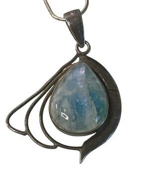 Sterling Silver Necklace Teardrop Blue Stone Pendant Modern Artsy Boho Hippie